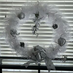 Stunning Silver and White Large Holiday / Christmas Tulle Wreath, White Lights